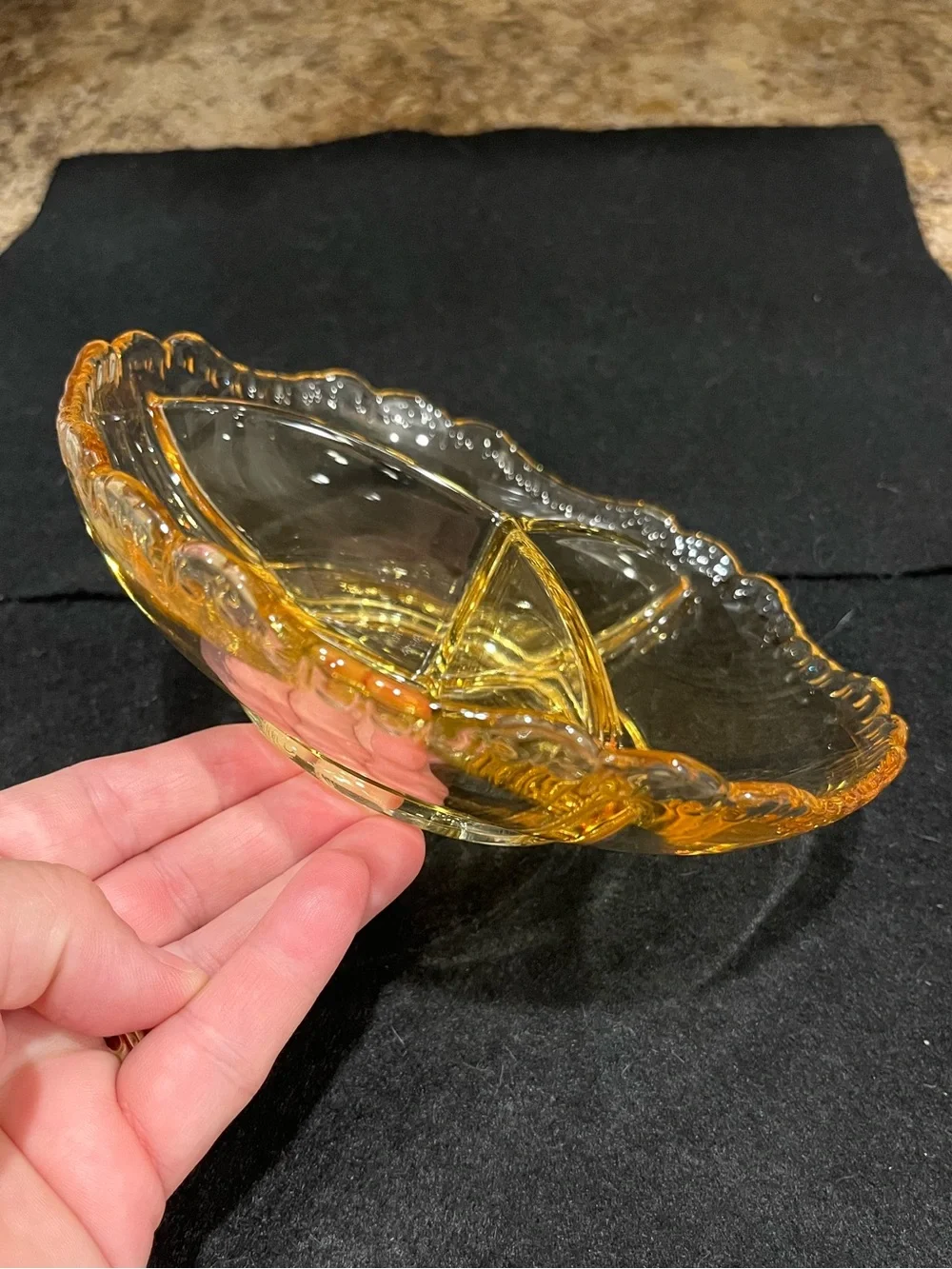 Vintage Indiana Glass Amber Scalloped Rim Divided Glass Relish Serving Dish
